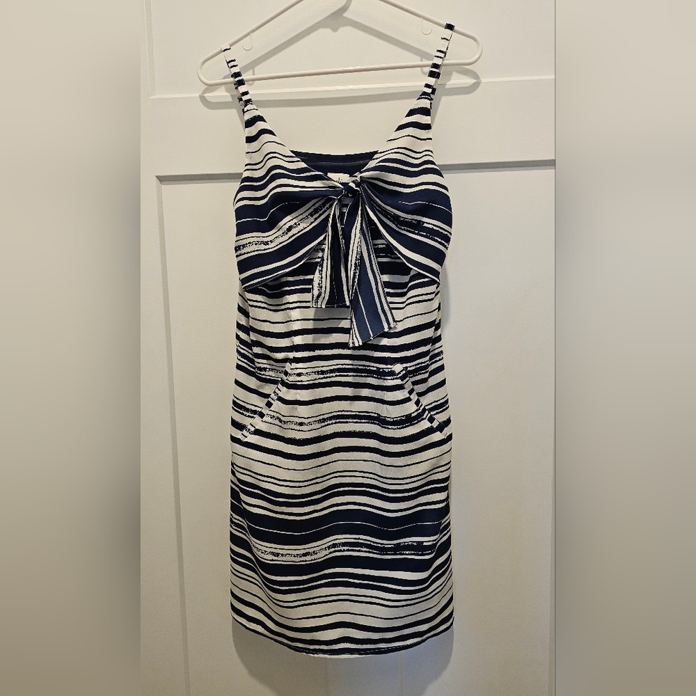 Cabi Knot Sundress Shift Style Pockets Navy Blue White Stripes Size Small